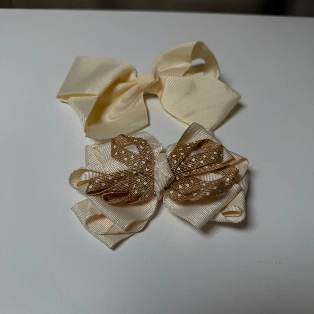 Set of‎ 2 Girls Hair Bows Cream Grosgrain Burlap Polka Dot Clip